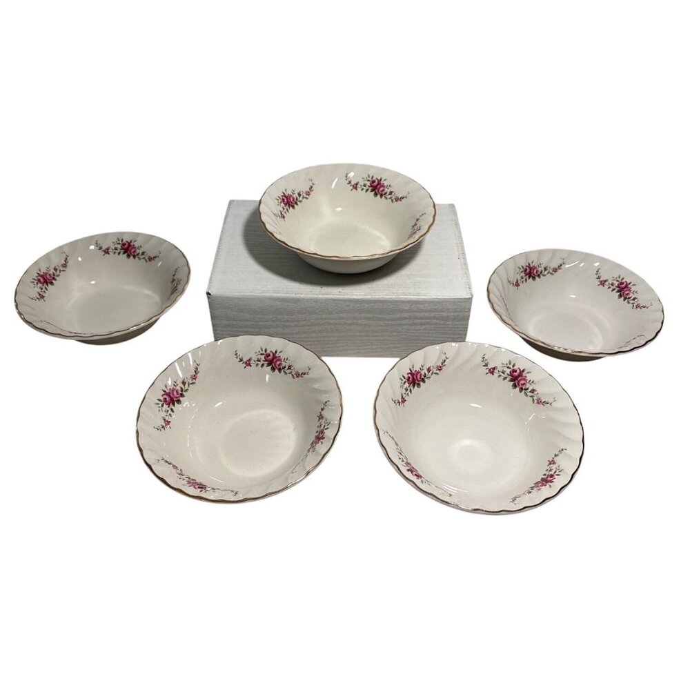 Ridgway Bowls Cereal Dainty Rose Ironstone Set Of 5 Floral With Gold Trim